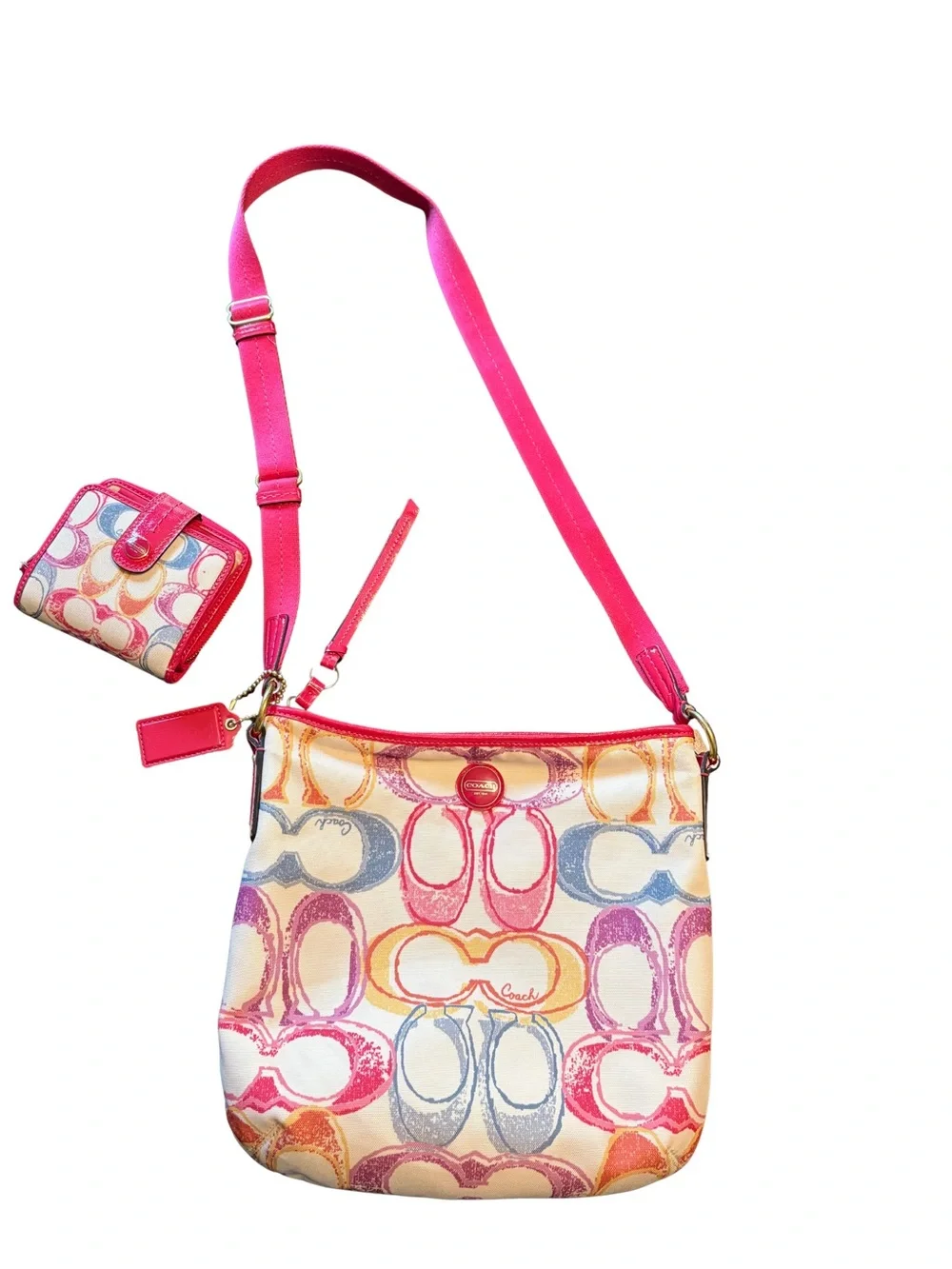 Coach Multicolor Signature Crossbody with Pink Strap with matching Wallet!!